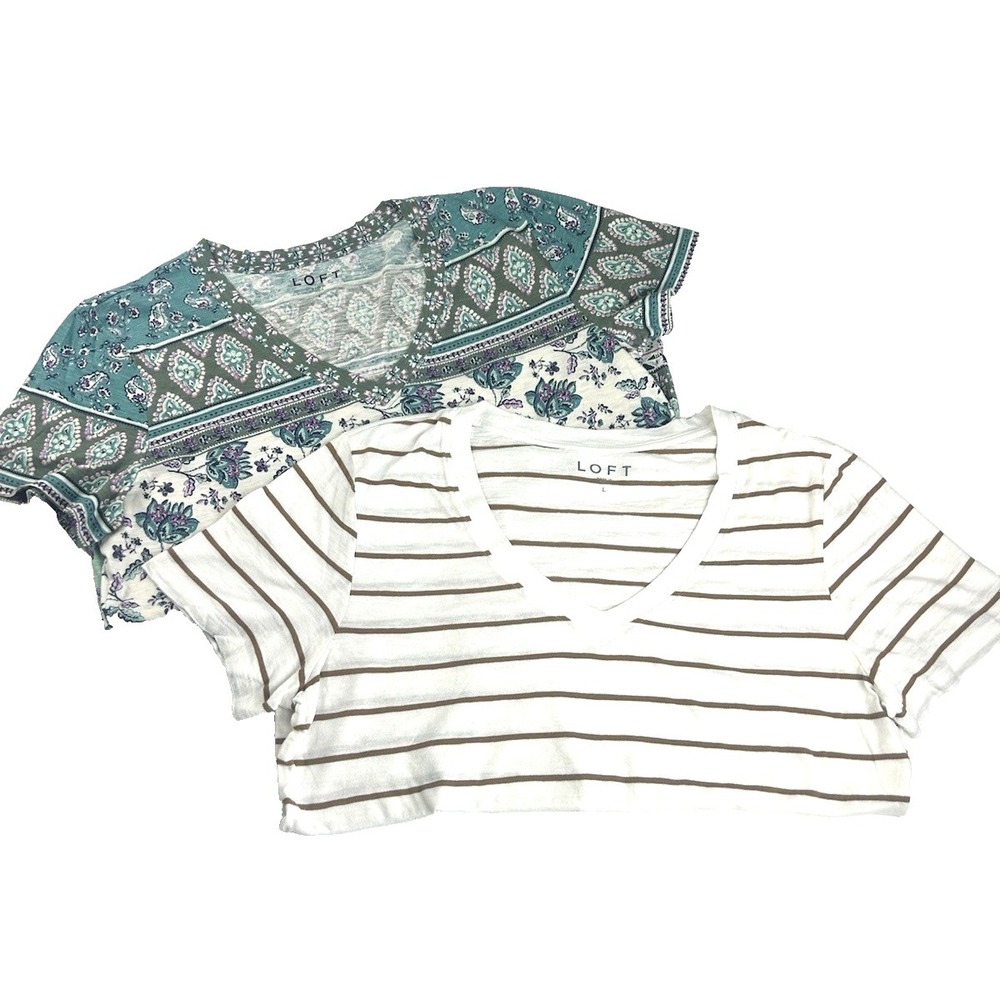Set Of 2 Loft V-Neck Tee Shirts 100% Cotton Effortless Closet Staple Size L